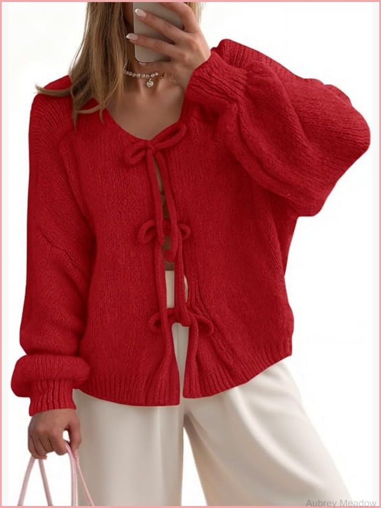 Oversized Open Front Bow Tie Cardigan Sweater Long Sleeve Knit Tops
